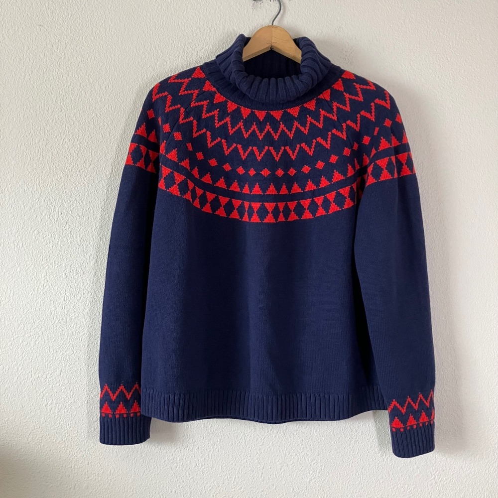 DULUTH TRADING Fair Isle Turtleneck Sweater XXL Chunky Retro Ski Lodge Navy Red